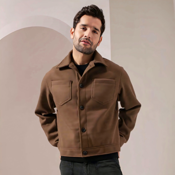 Men Brown Solid Felt Two Pockets Crop Jacket
