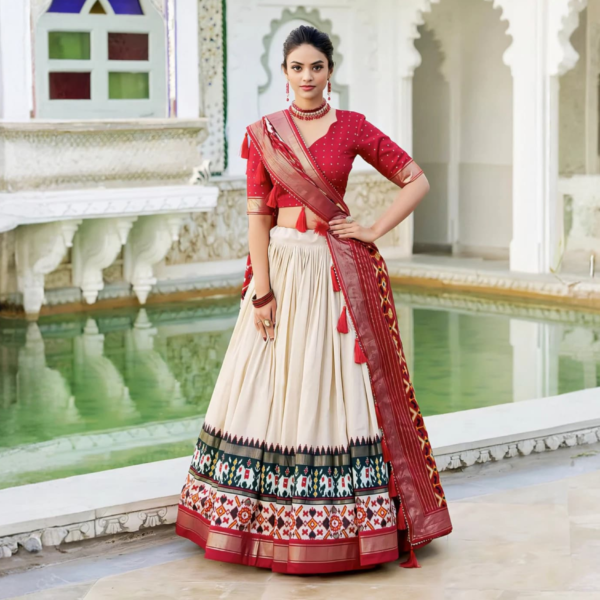 Mustard Tussar Patola Print Lehenga with Unstitched Choli and Dupatta (Set of 3)