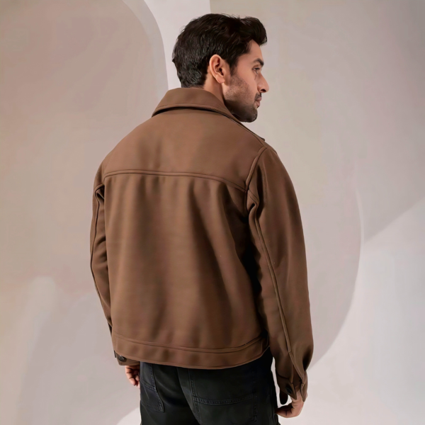 Men Brown Solid Felt Two Pockets Crop Jacket - Image 2