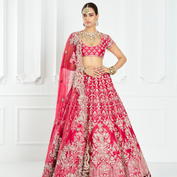 Watermelon Red Silk Lehenga Set - Image 3