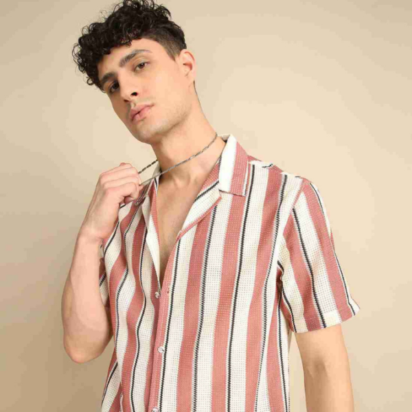Men Regular Fit Striped Lapel Collar Casual Shirt - Image 4