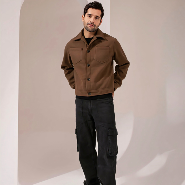 Men Brown Solid Felt Two Pockets Crop Jacket - Image 3