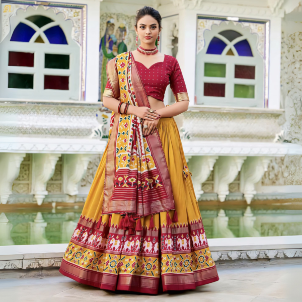 Mustard Tussar Patola Print Lehenga with Unstitched Choli and Dupatta (Set of 3) - Image 3