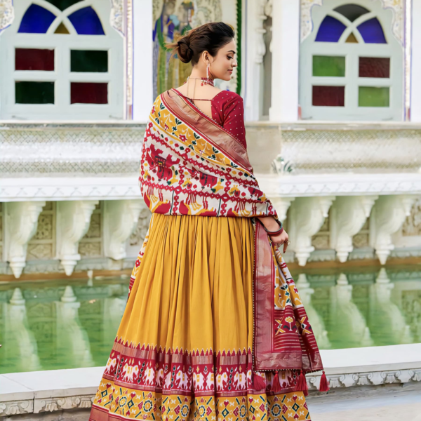 Mustard Tussar Patola Print Lehenga with Unstitched Choli and Dupatta (Set of 3) - Image 4