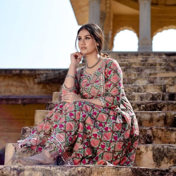Green Floral Printed Anarkali Kurta with Pants (Set of 2)