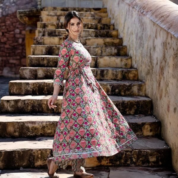 Green Floral Printed Anarkali Kurta with Pants (Set of 2) - Image 2
