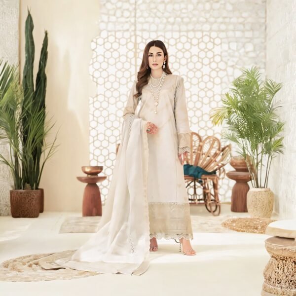 Luxury Cream Embroidered Pakistani Suit with Organza Dupatta – Formal & Festive Wear - Image 2