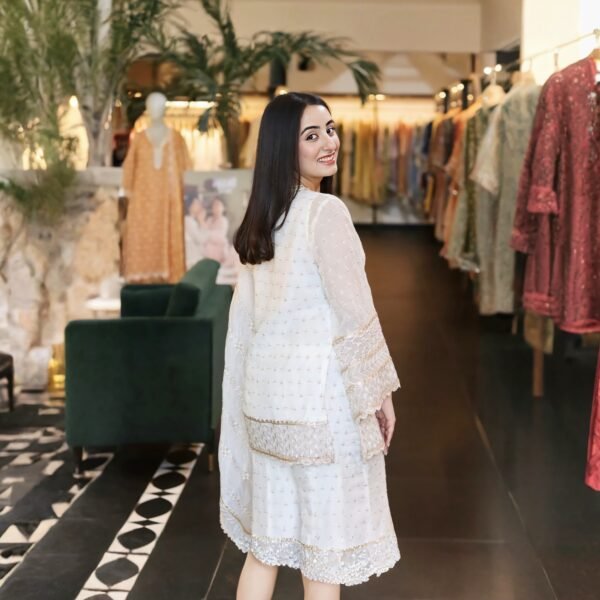 Elegant White Embroidered Pakistani Sharara Suit with Dupatta & Potli Bag - Image 3