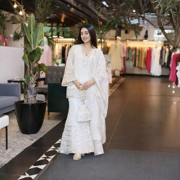 Elegant White Embroidered Pakistani Sharara Suit with Dupatta & Potli Bag - Image 2