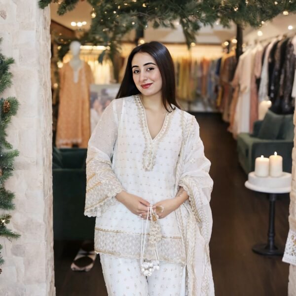Elegant White Embroidered Pakistani Sharara Suit with Dupatta & Potli Bag