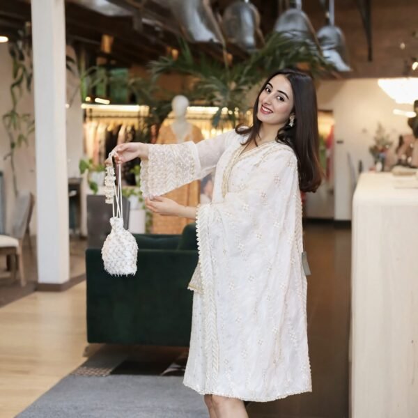 Elegant White Embroidered Pakistani Sharara Suit with Dupatta & Potli Bag - Image 4