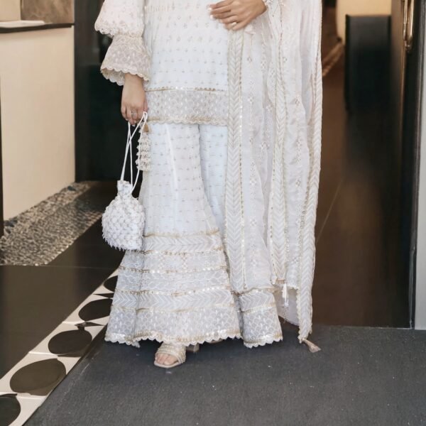 Elegant White Embroidered Pakistani Sharara Suit with Dupatta & Potli Bag - Image 5