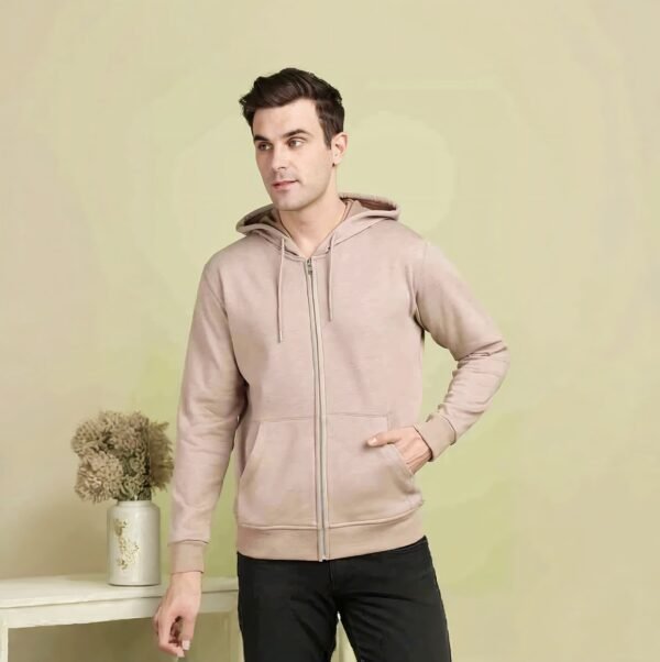 Men’s Light Grey Zipper Hoodie Casual Cotton Blend Jacket with Hood - Image 3